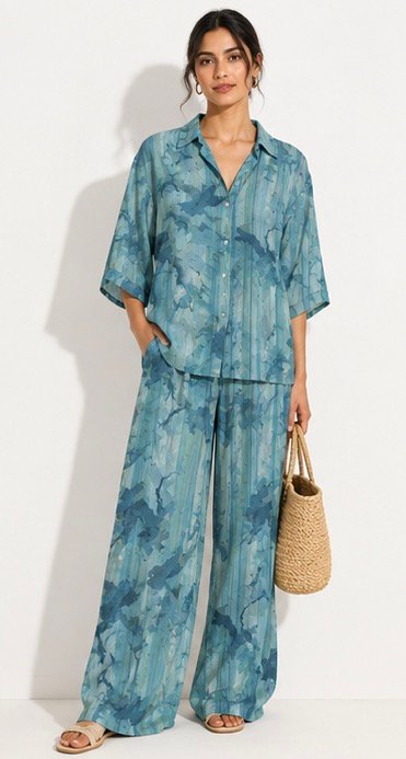 Blue patterned shirt and trousers
