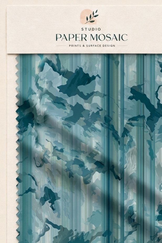 Blue abstract striped textile presentation