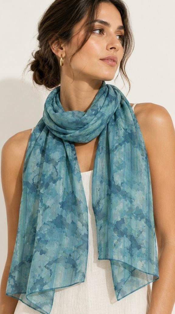 Blue patterned scarf styled over a neutral outfit