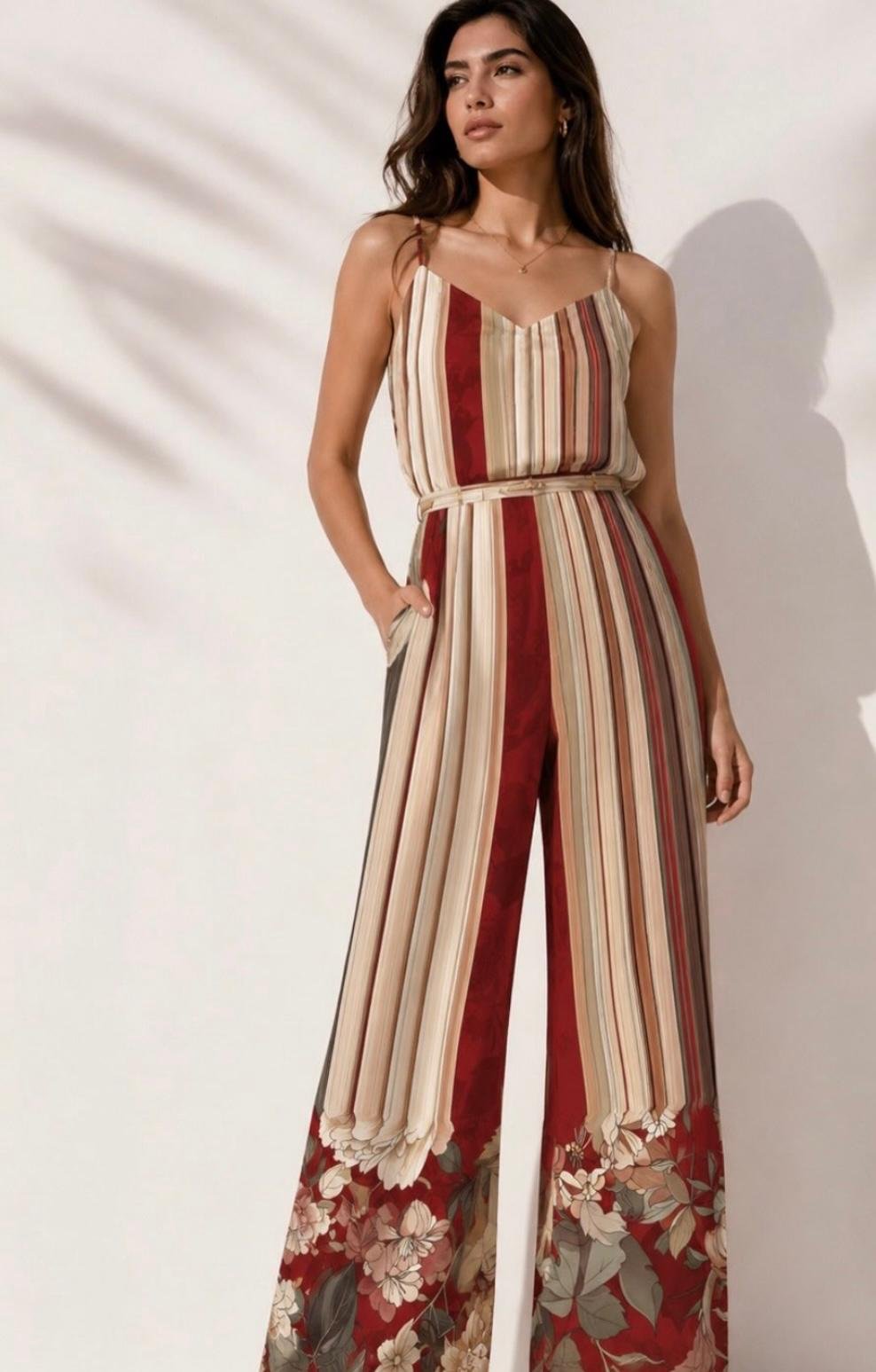 A long dress featuring crimson and neutral stripes with a floral hem