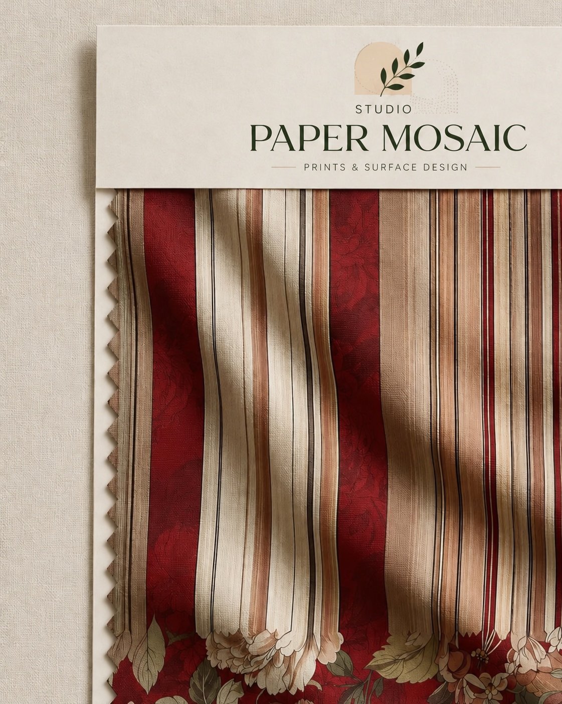 Crimson and neutral striped textile with a floral border