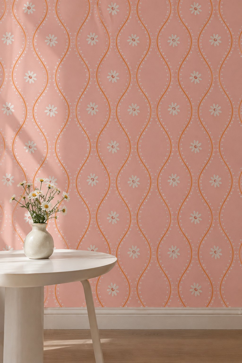 Soft pink trellis wallpaper in an interior