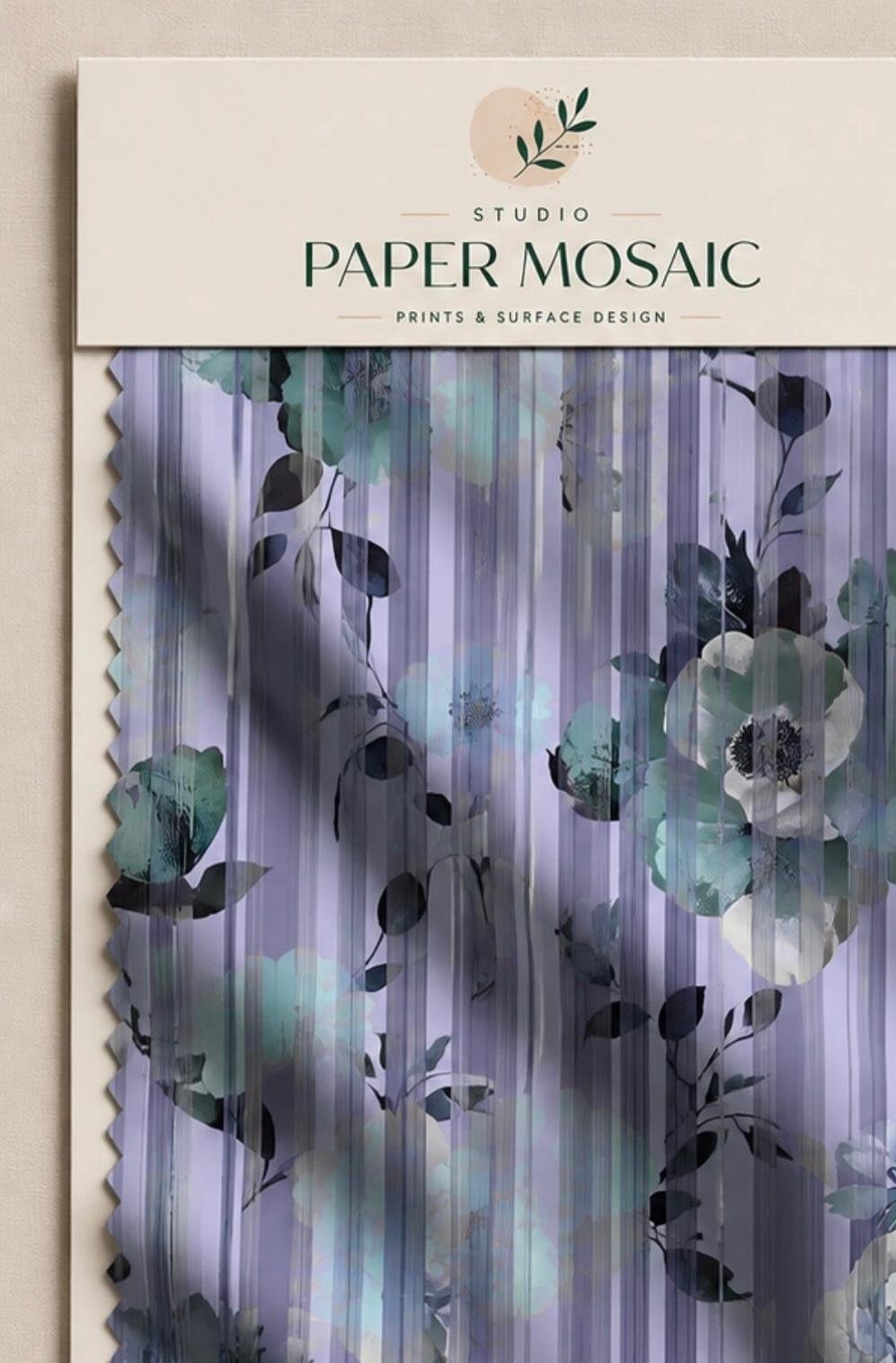 Lilac striped textile with green and dark botanical motifs