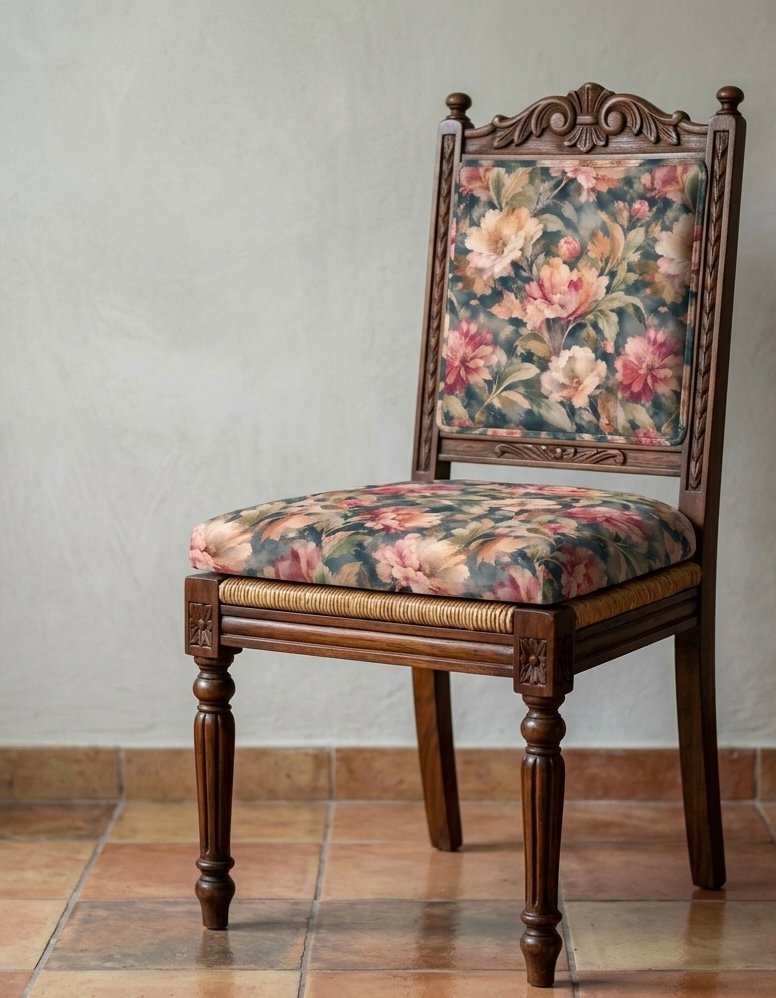 Chair featuring peony flowers in warm pinks on deep indigo