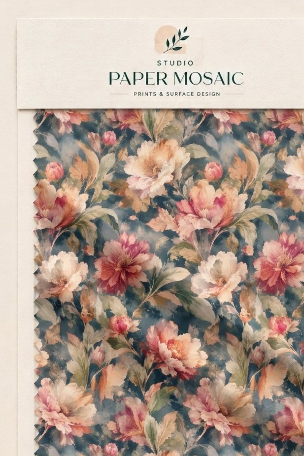 Fabric Swatch featuring peony flowers in warm pinks on deep indigo