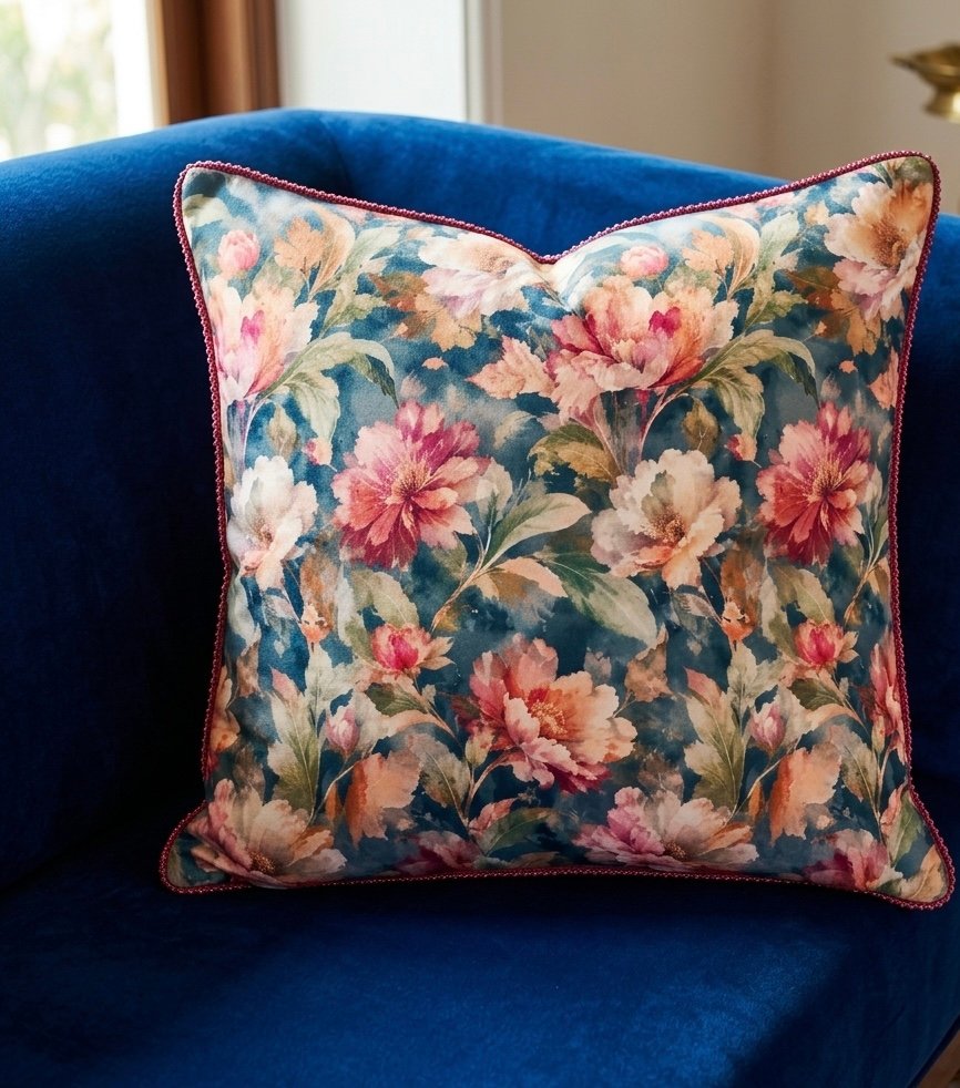 Pillow featuring peony flowers in warm pinks on deep indigo