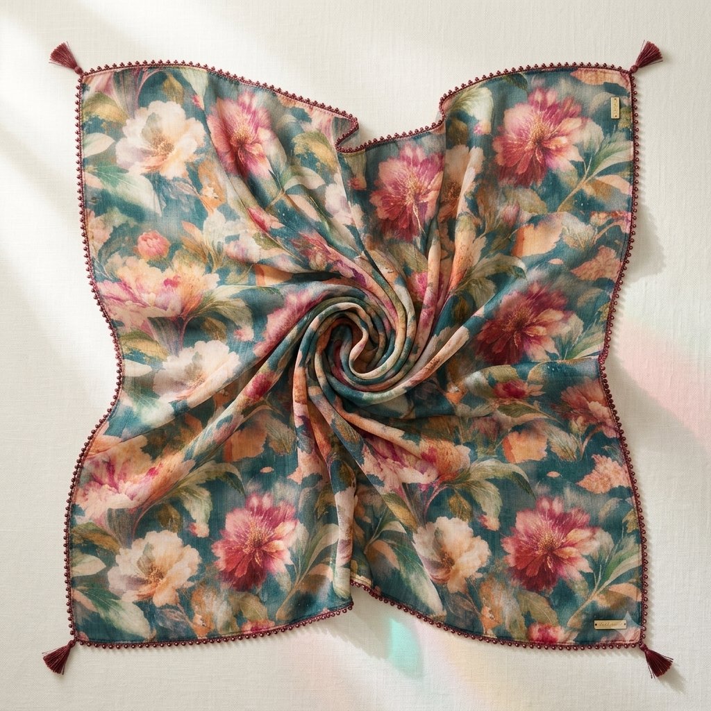 Scarf featuring peony flowers in warm pinks on deep indigo