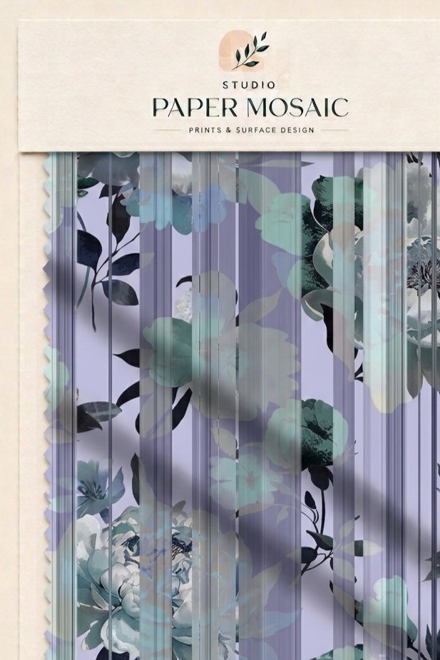 Lilac floral and striped textile presentation