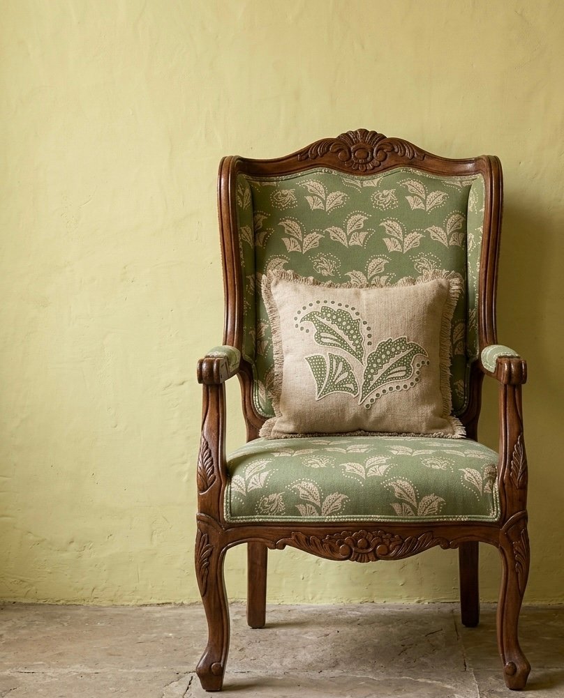Olive botanical upholstery on a wooden chair