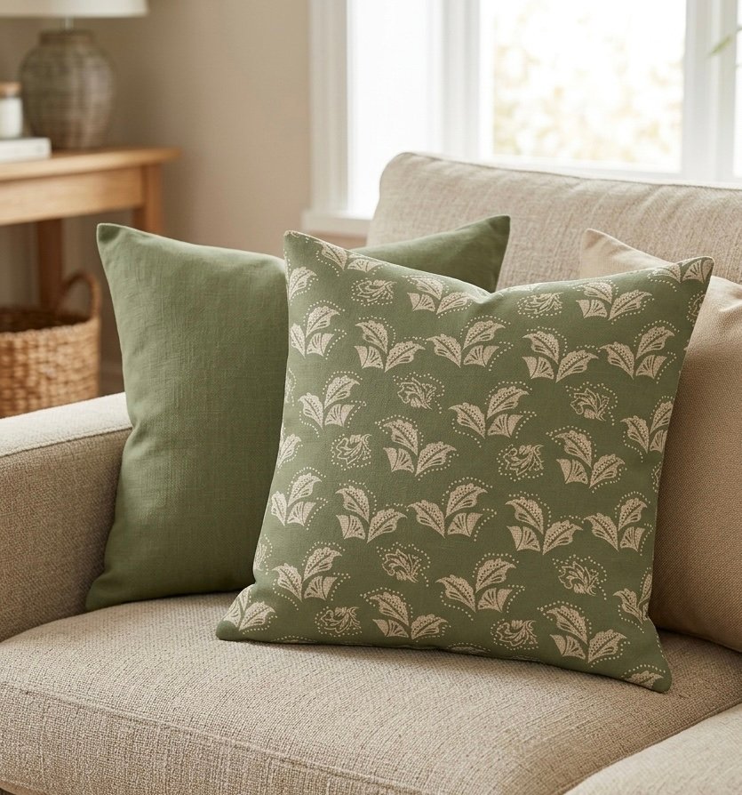 Olive botanical cushions on a sofa