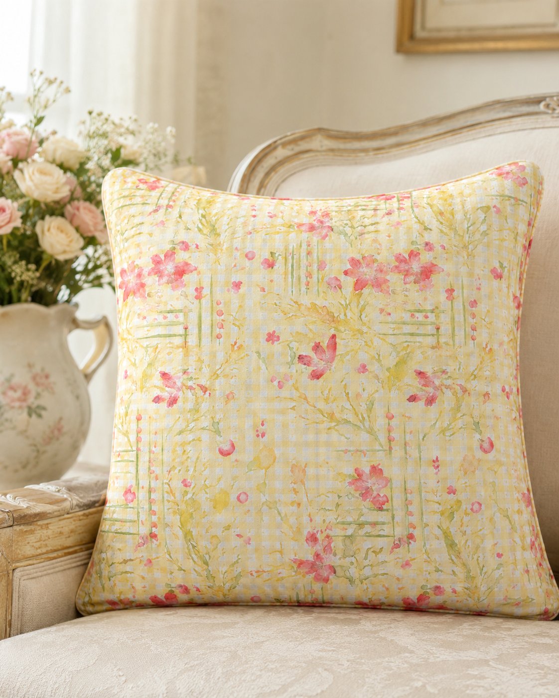 Pastel floral cushion in a light interior