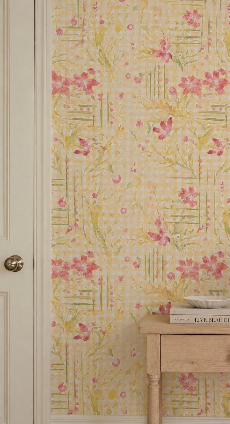 Pale yellow floral wallpaper