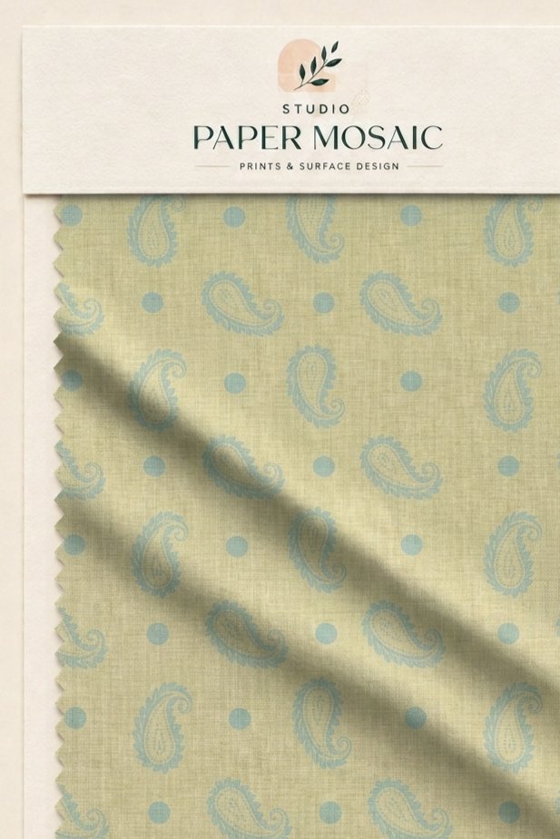 Pistachio green paisley textile presentation