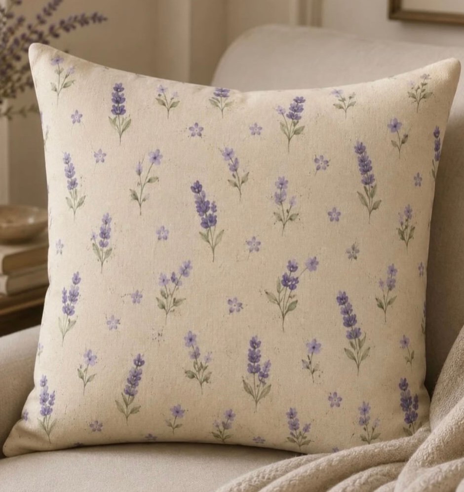 Cushion with small lavender botanical sprigs