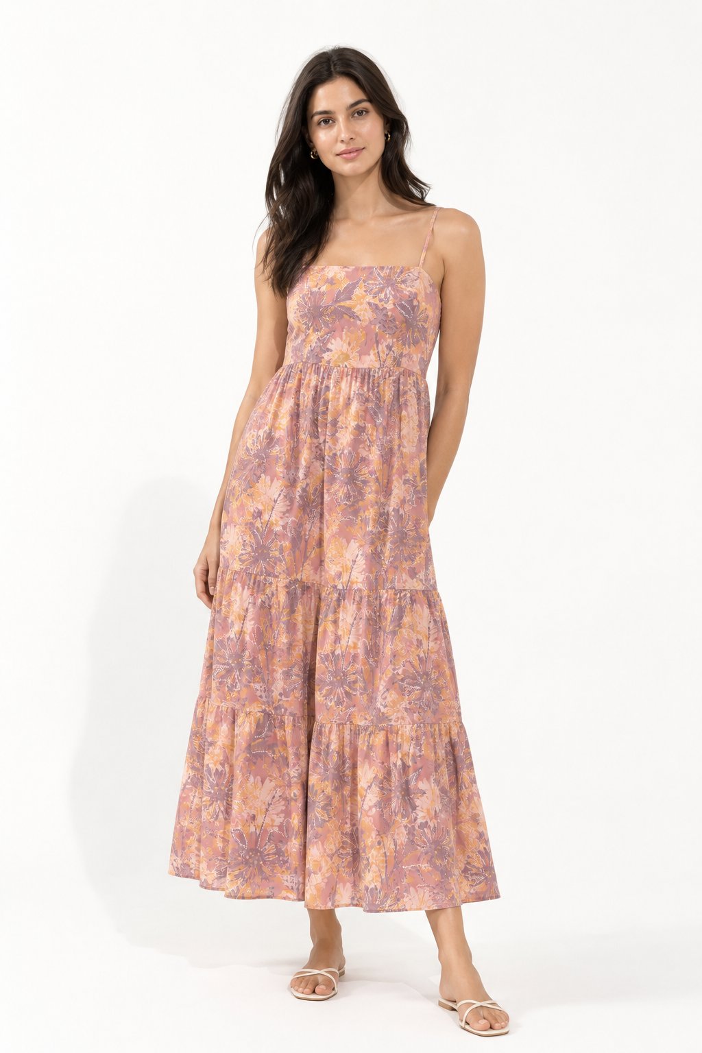 Dress featuring meadow silhouettes in terracotta, ochre and mauve