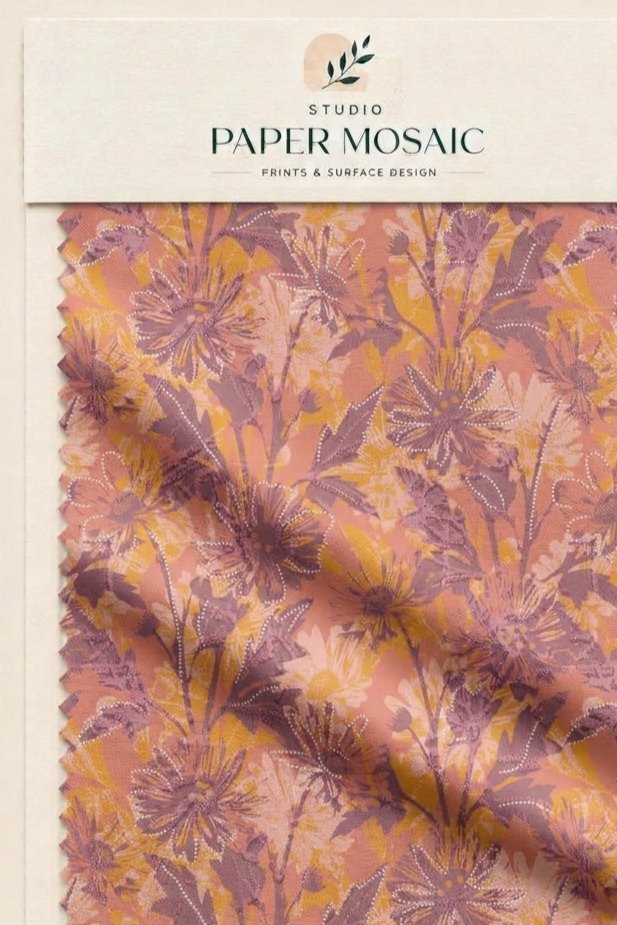 Fabric Swatch featuring meadow silhouettes in terracotta, ochre and mauve