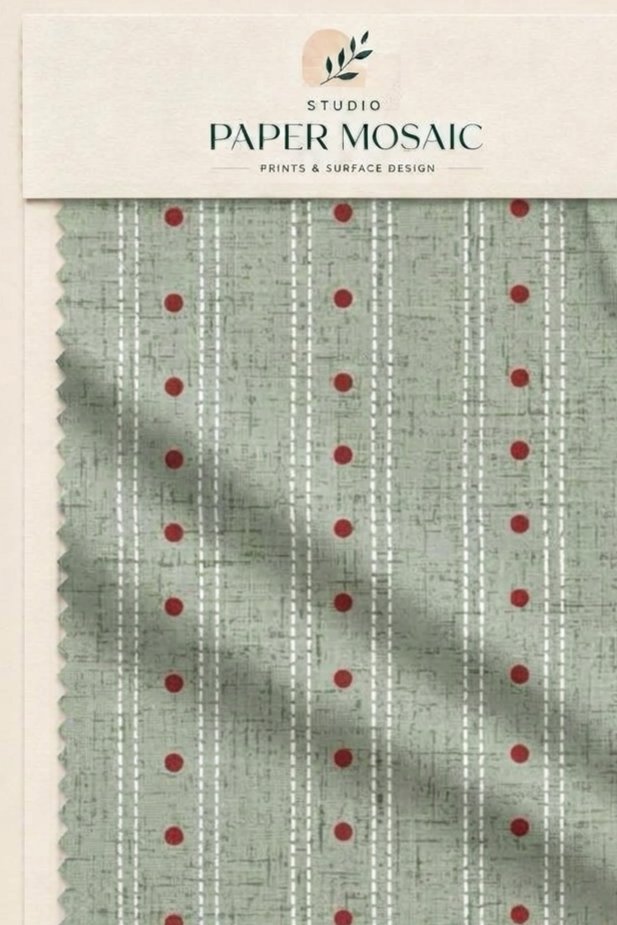 Sage striped textile with red botanical details