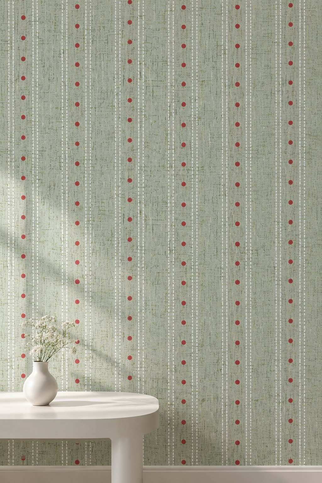 Sage striped wallpaper with small red details
