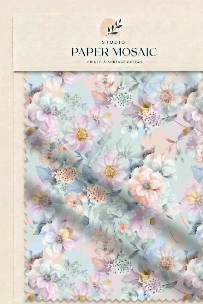 Fabric Swatch featuring soft pastel blossoms in mint, lavender and blush