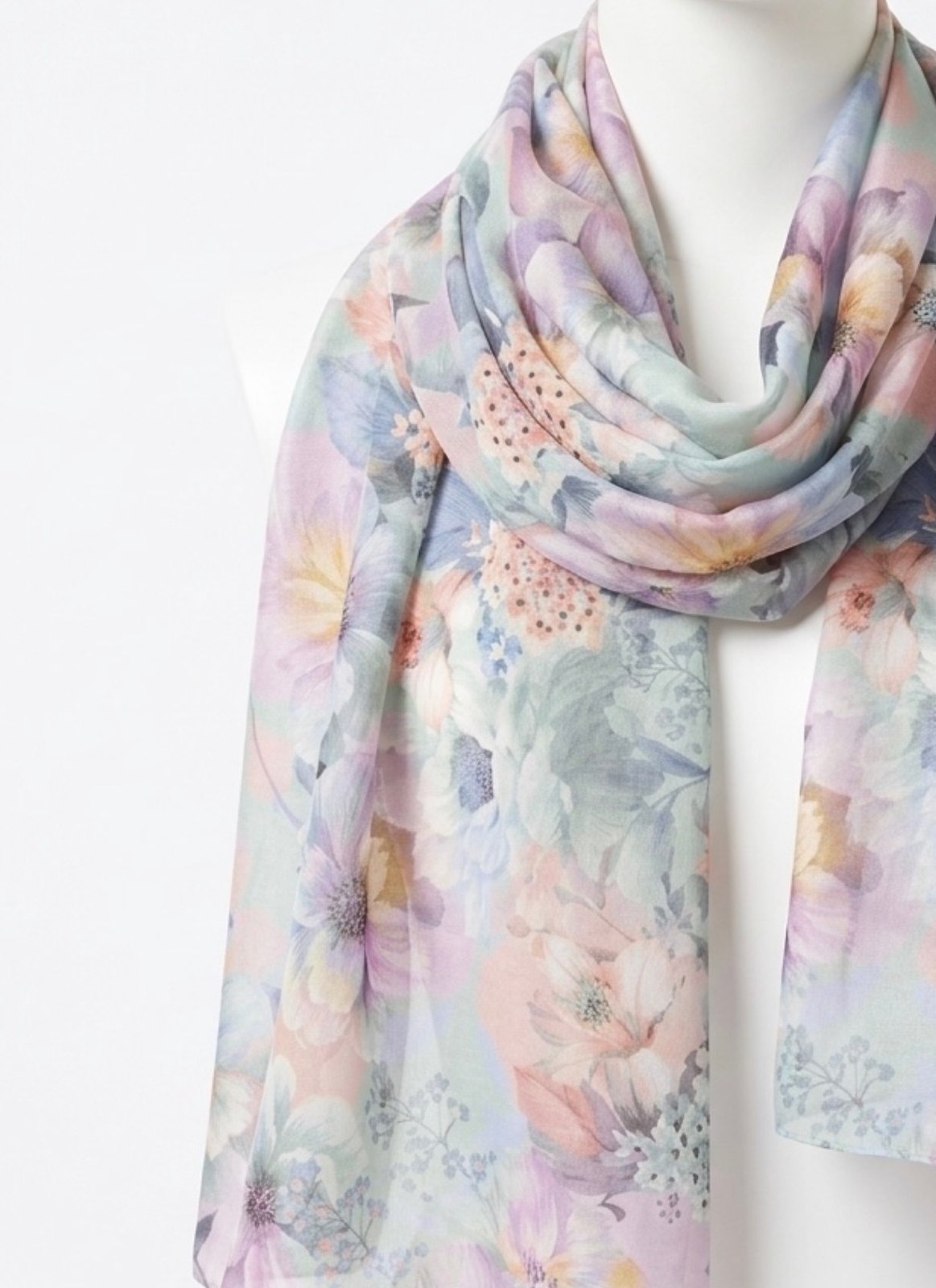 Scarf featuring soft pastel blossoms in mint, lavender and blush
