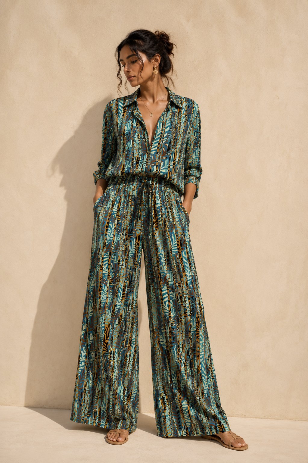 Model wearing a dark tropical patterned dress