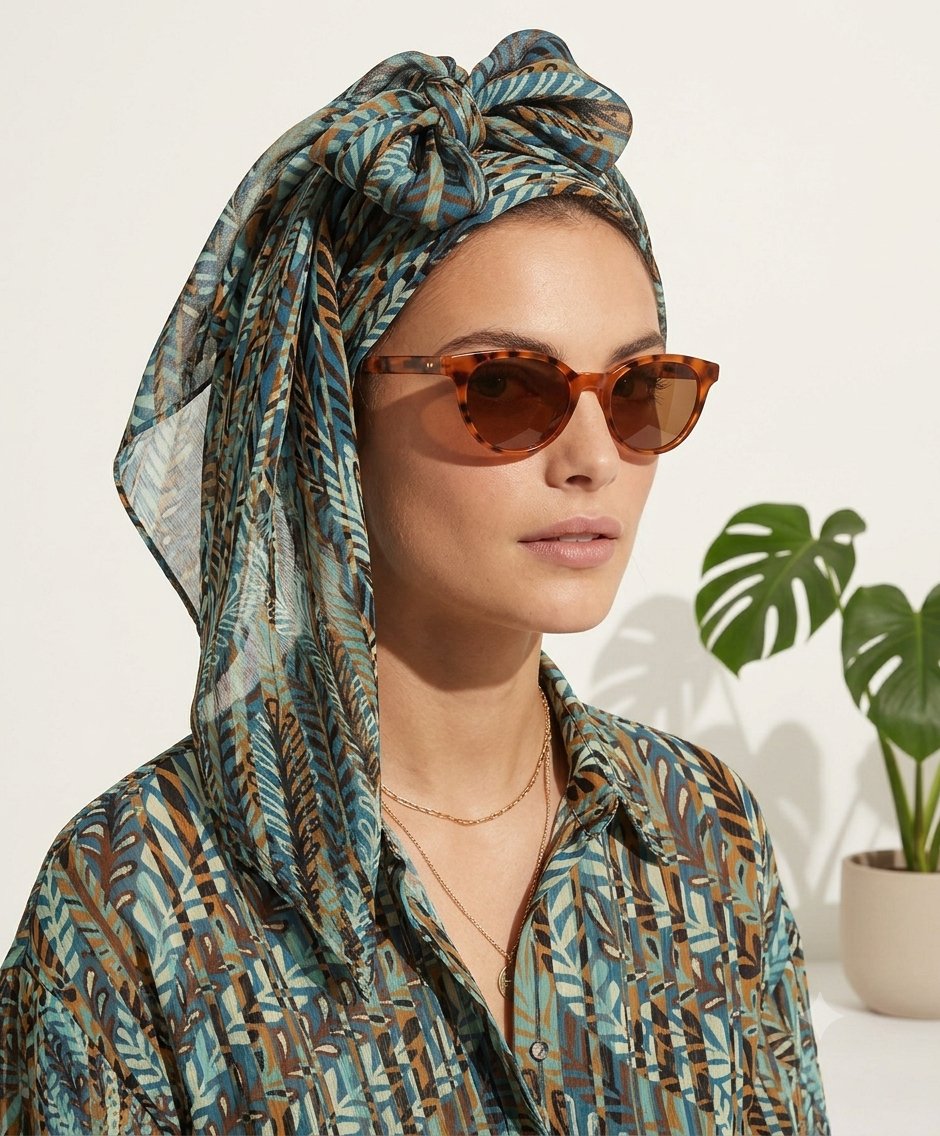 Tropical patterned scarf worn as a headwrap