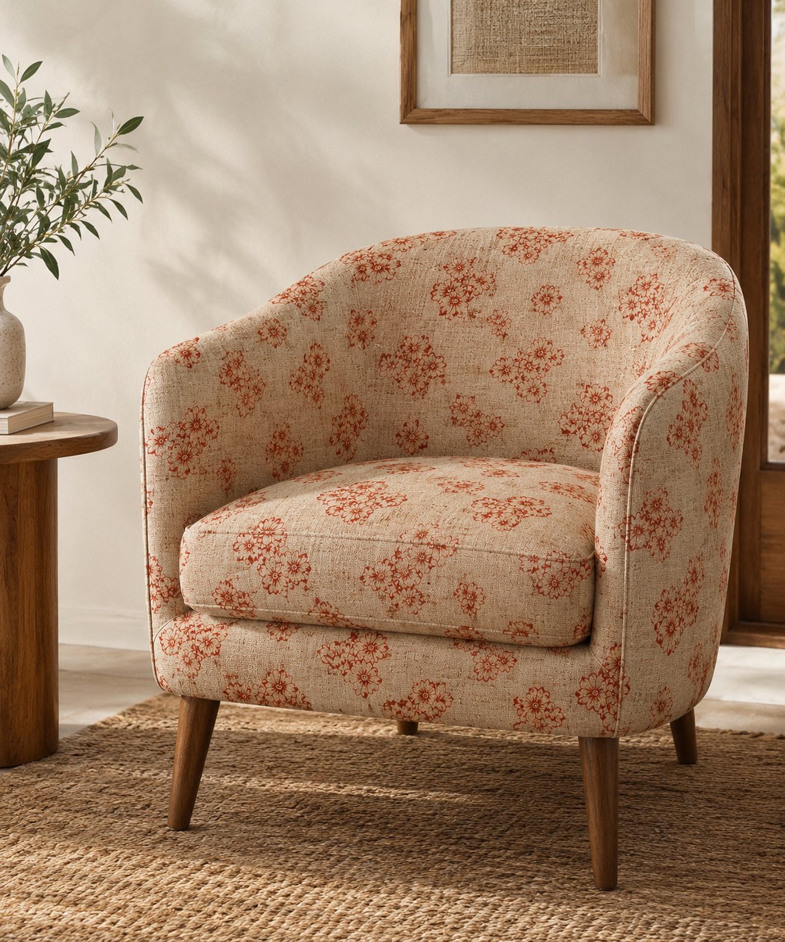 Armchair upholstered in a rust floral print