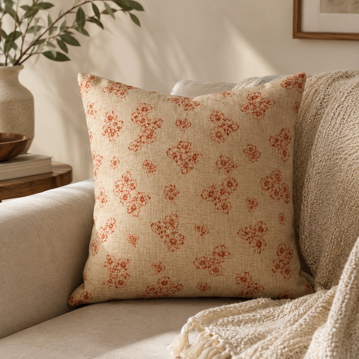 Rust floral cushion on a neutral sofa