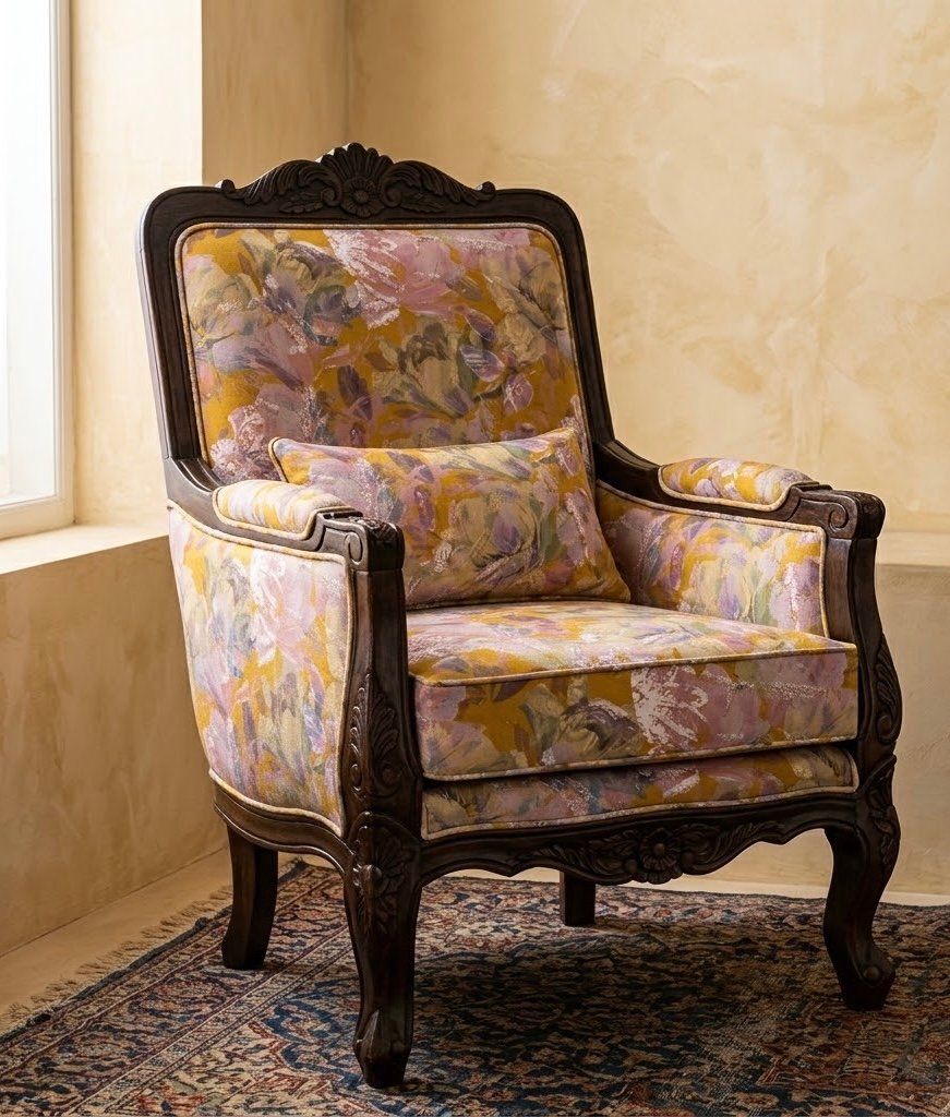 Chair featuring painterly heritage motifs in mustard, lavender and sage