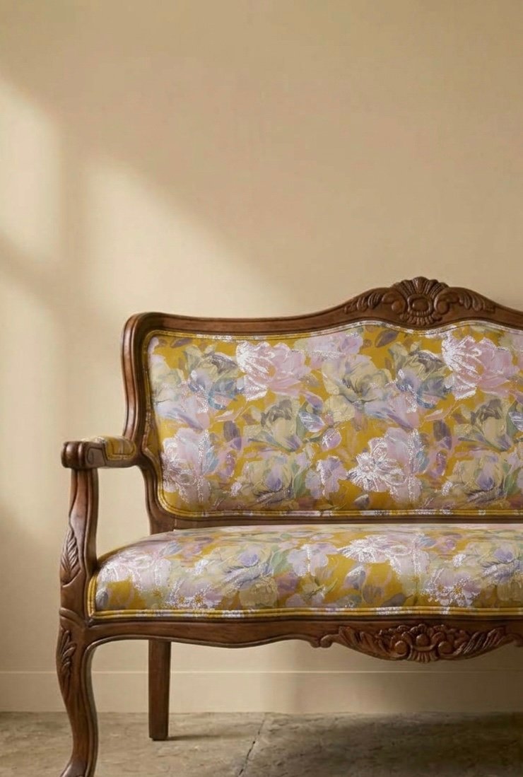 Sofa featuring painterly heritage motifs in mustard, lavender and sage