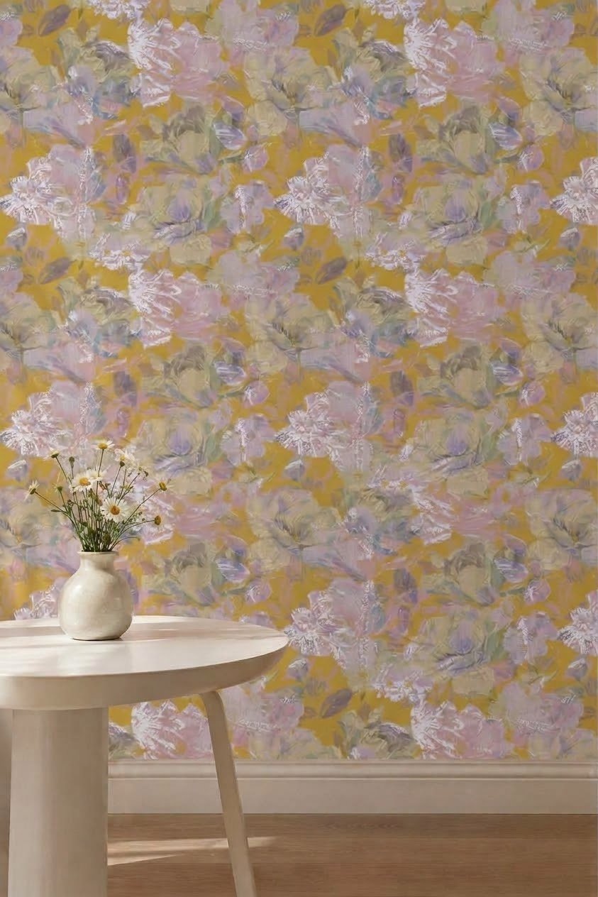 Wallpaper featuring painterly heritage motifs in mustard, lavender and sage