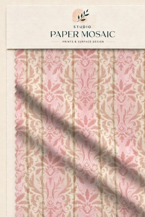 Rose damask textile presentation