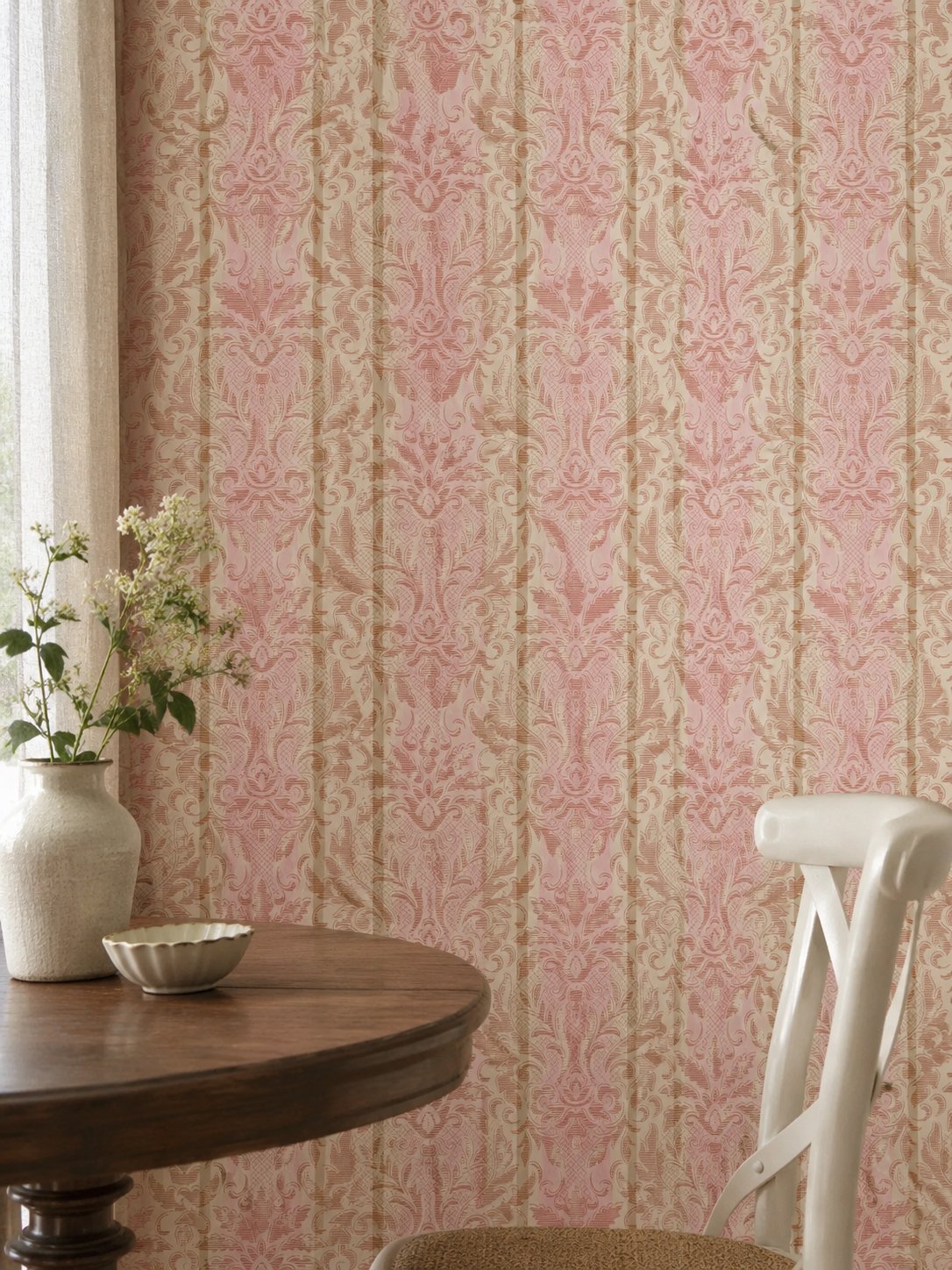 Pink damask wallpaper in an interior