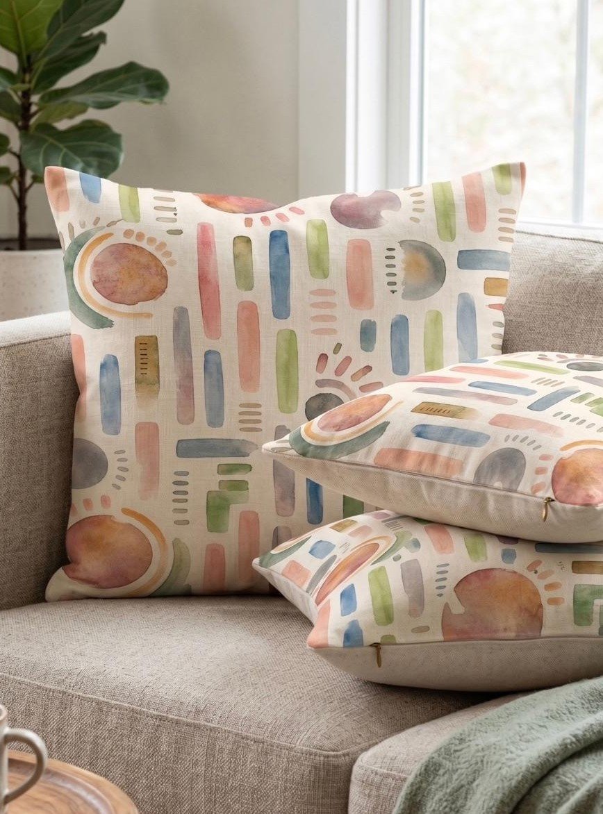 Cushions displaying the watercolour geometric print on a neutral sofa