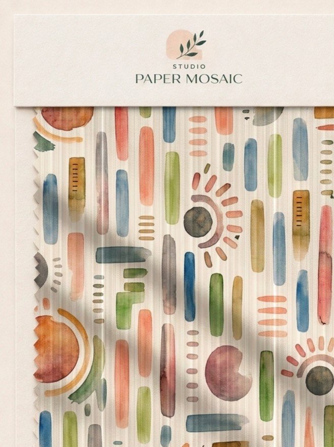 Multicoloured watercolour geometric textile presentation