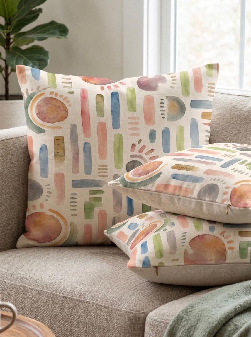 Watercolour geometric cushions on a sofa
